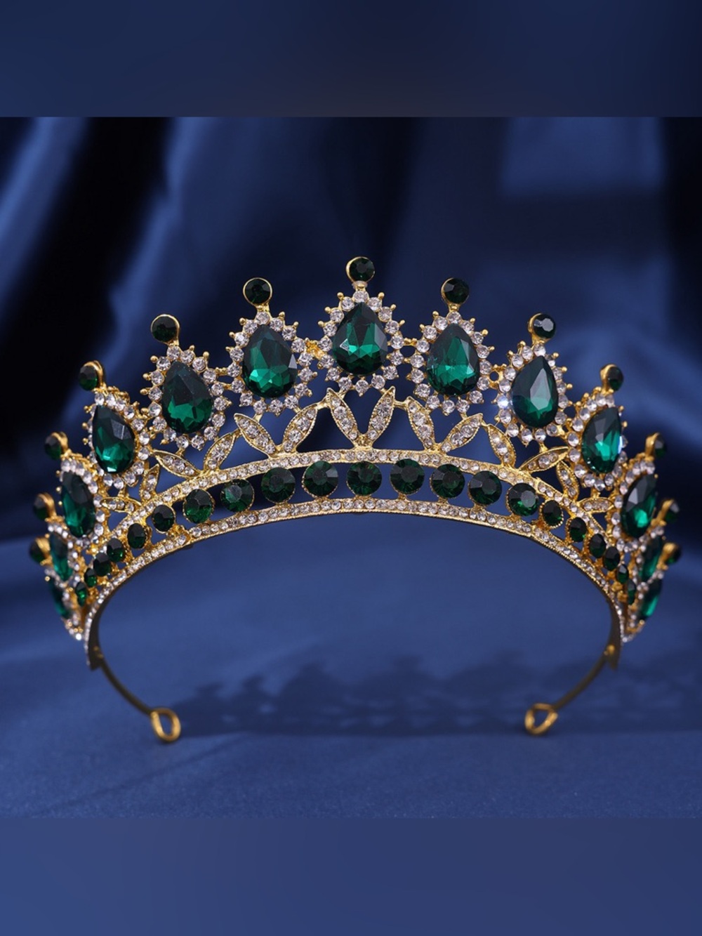 Emerald Green Crystal Tiara Crown - Gold Finish